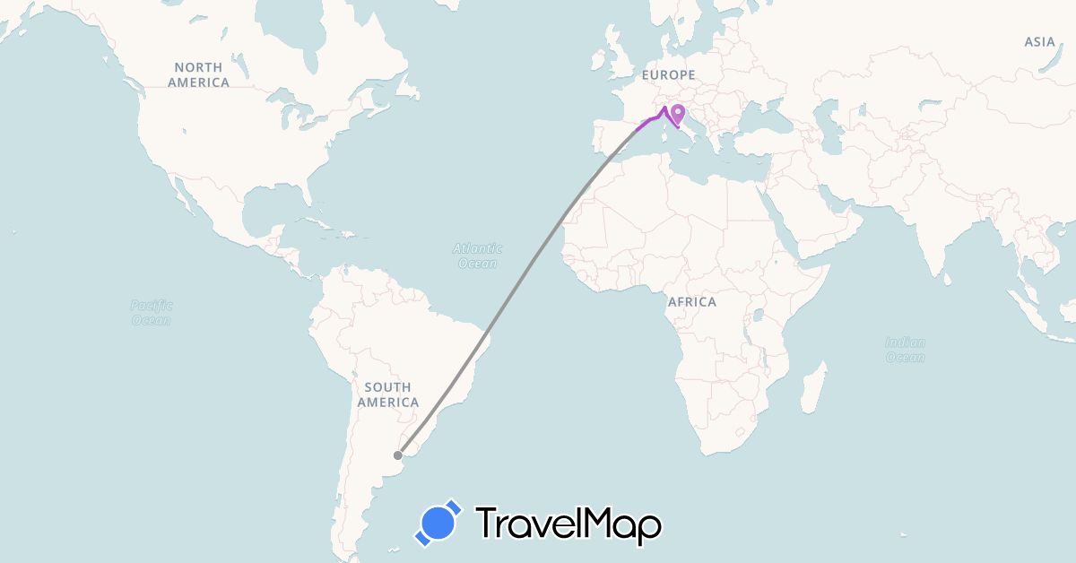 TravelMap itinerary: driving, plane, train in Argentina, Spain, France, Italy, Monaco (Europe, South America)
